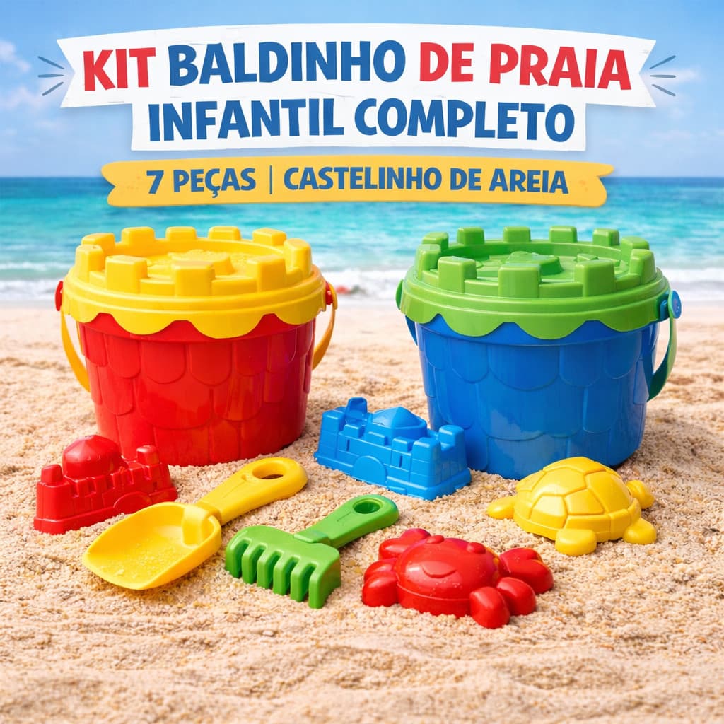 Kit Baldinho de Praia Infantil Completo Castelinho de Areia Praia Verão 7 Peças