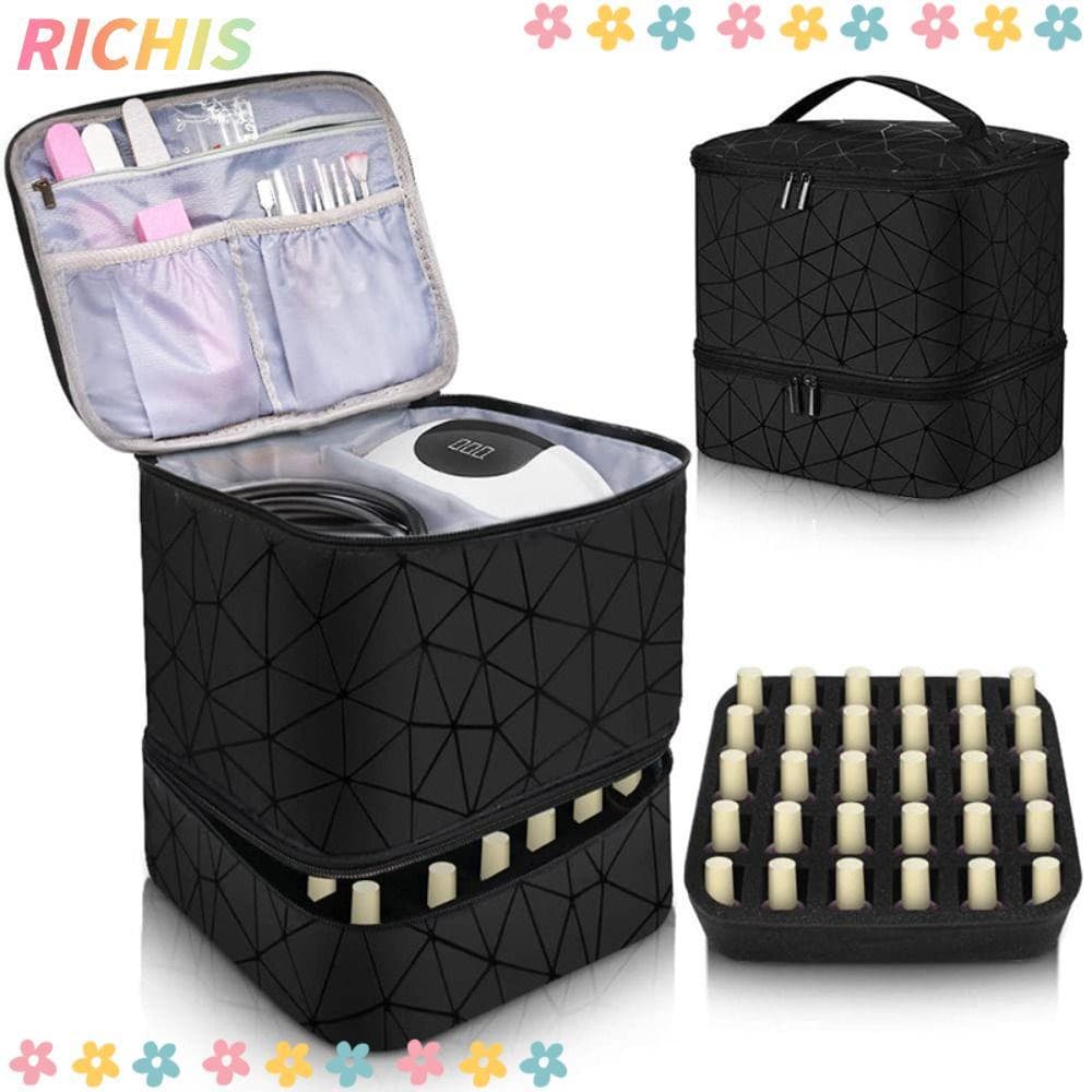 [RICHIS] Bolsa De Manicure , Organizador De Unhas De Nylon PU Com 30 Grades , Alça , Maquiagem De Camada Dupla