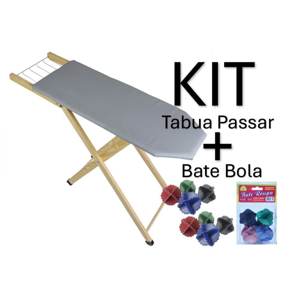 Kit Tábua De Passar Roupa Madeira Com Pés Dobráveise estampada sem forro térmico+4Bolinhas bateRoupa