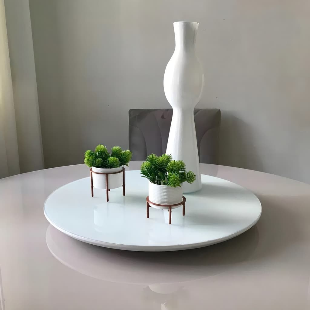 Centro De Mesa Giratorio 50cm Sem Fixação Laca Off White COM VIDRO FIXO