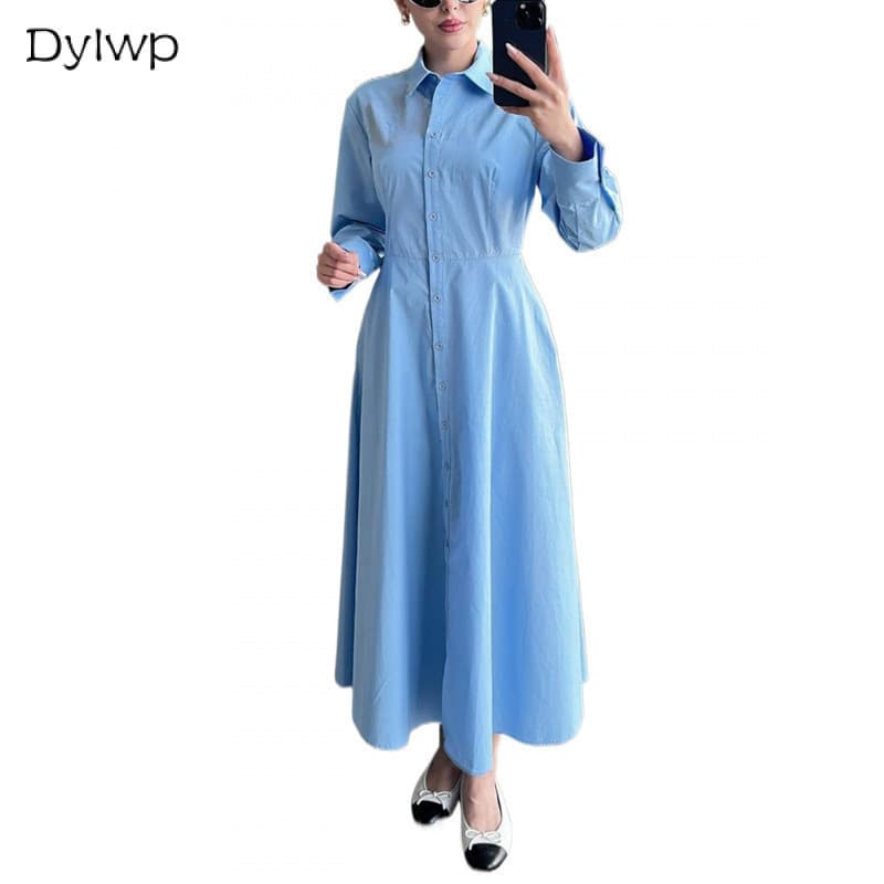 Vestido Camisa Feminino Casual Elegante Manga Comprida Único Breasted Azul & *