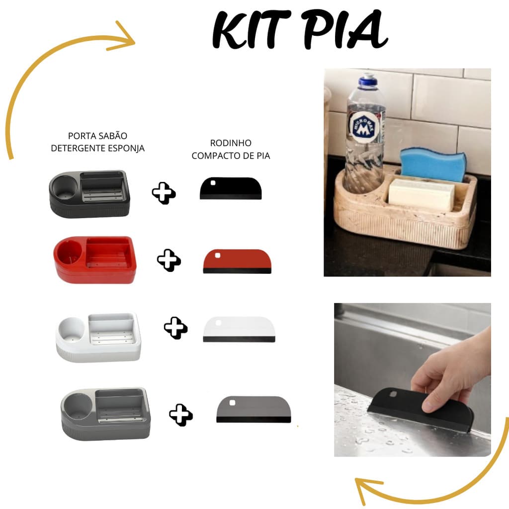 KIT PORTA SABÃO DETERGENTE ESPONJA + RODINHO DE PIA
