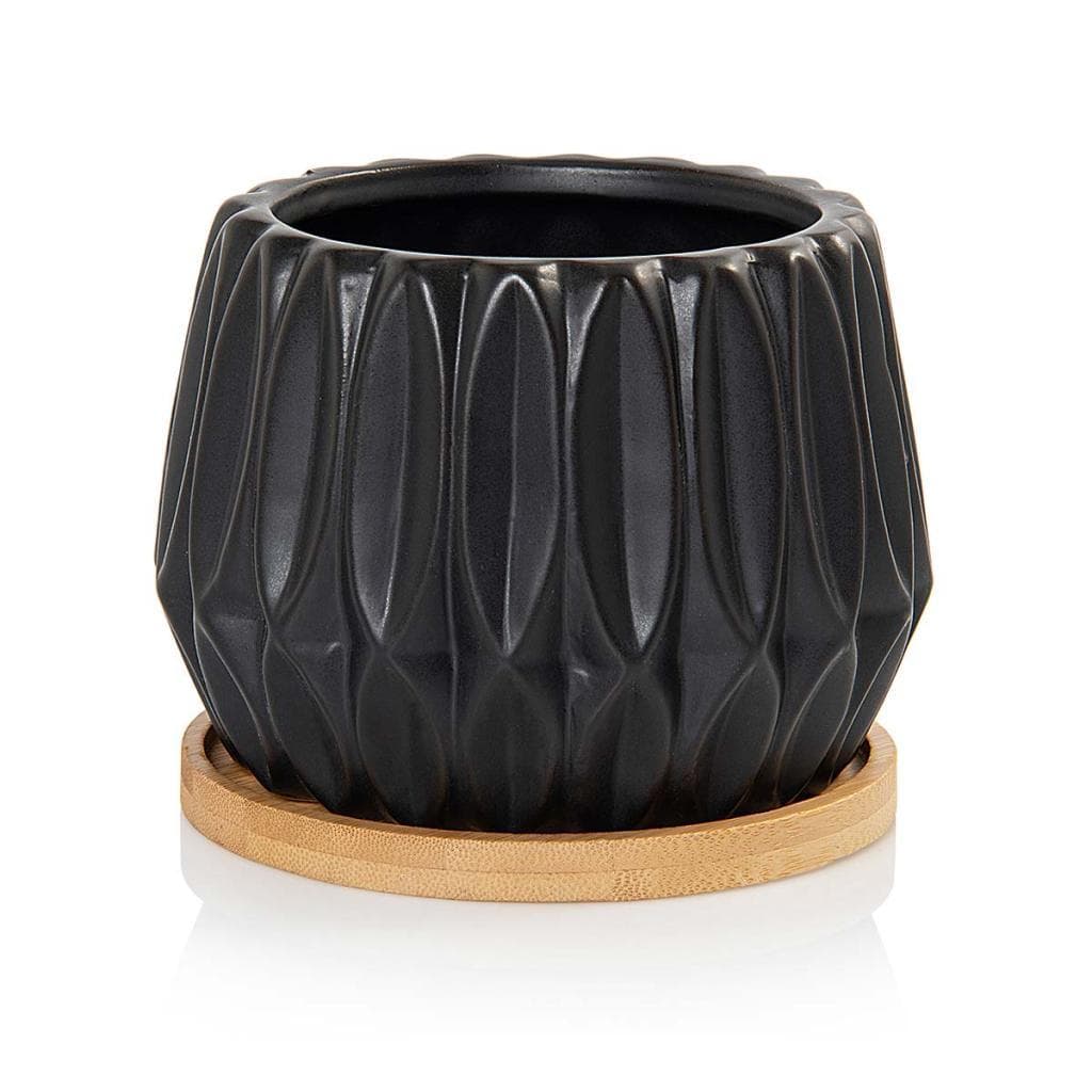 Vaso Cachepot Geometric com Prato de Bambu Preto Fosco Pozzani