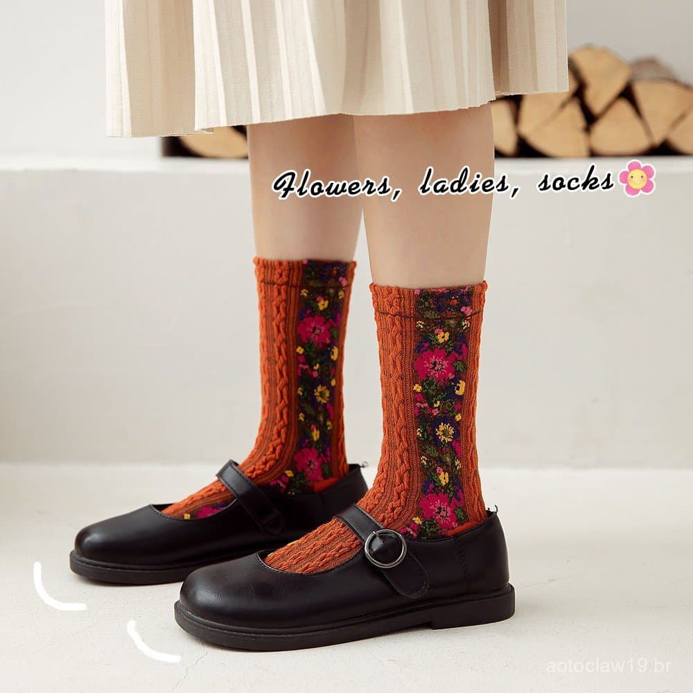 Novas meias femininas de cano médio para primavera/verão, estilo étnico retrô europeu e americano, com padrão floral, ve
