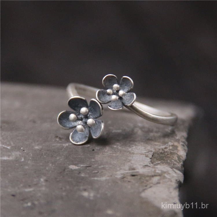 Anel Vintage Floral em Prata S925 da Fanyin, Anel Retro em Prata Tailandesa Bonito e Elegante para Mulheres