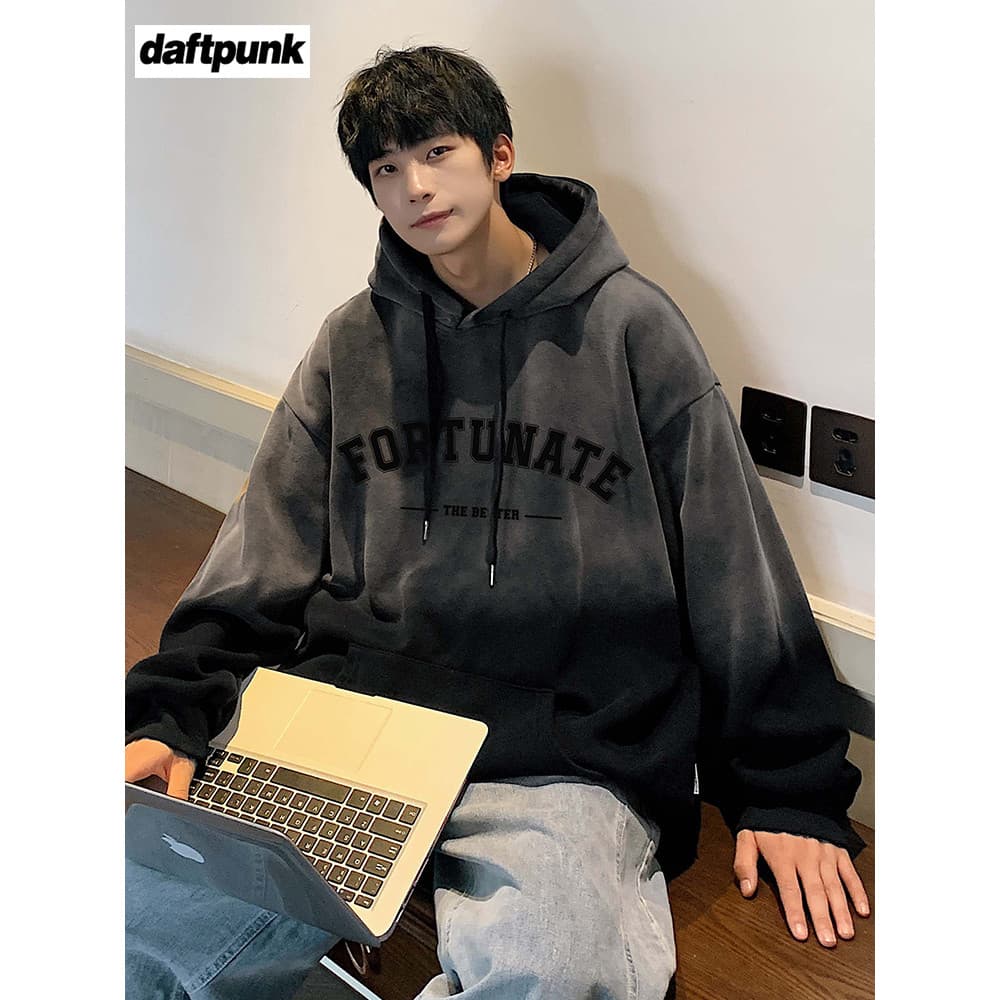 Pesado Tie-Dye gradiente moletom masculino outono inverno estilo forro de lã americano Retro com capuz oversize jaqueta
