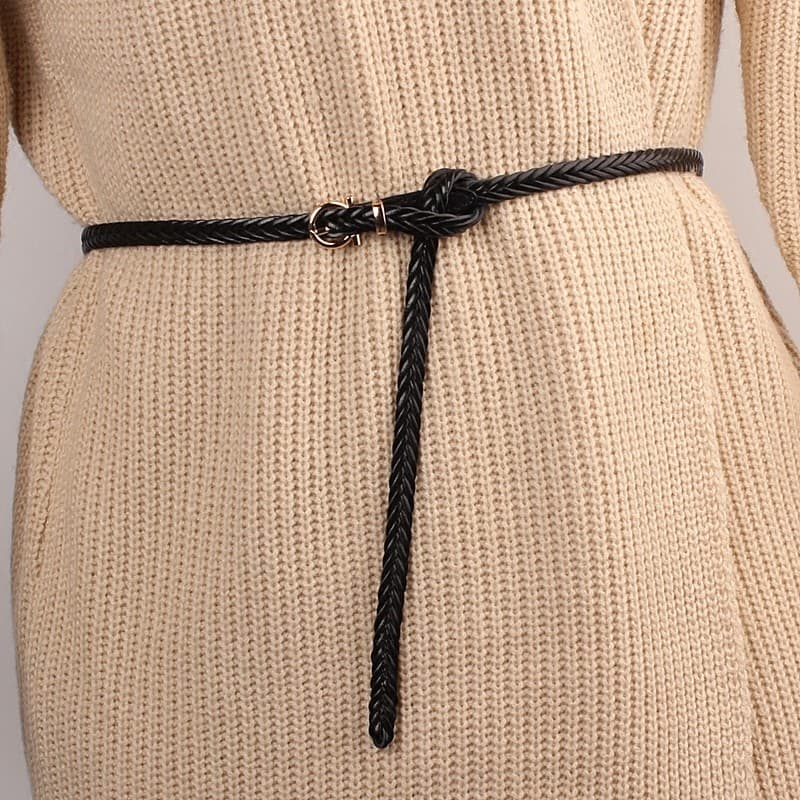 Pin fivela de malha cinto fino literário combinando camisola casaco saia cinto feminino Retro moda preto pequeno cinto v