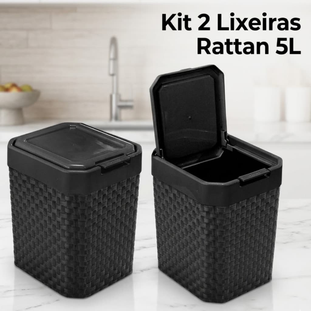 Kit 1 Ou 2 Lixeiras Rattan 5 Litros Tampa Click Banheiro Lavabo Cozinha Compacta Decorativa