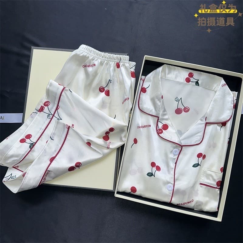 Pijamas De Seda Femininos Shorts De Manga Curta Com Estampa De Cereja Mickey Para Mulheres Conjunto