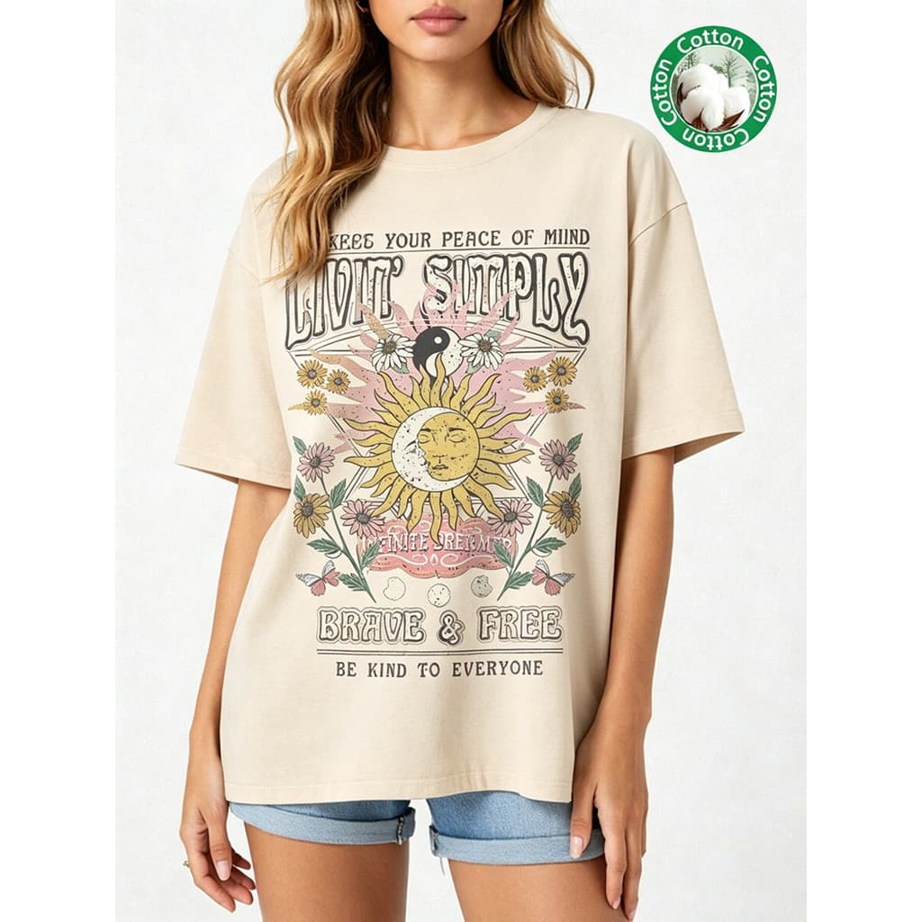 Camiseta Unissex 100% Algodão Sol e Lua Boho, Moda Feminina Oversized Casual, Estilo Vintage Verão Brasil