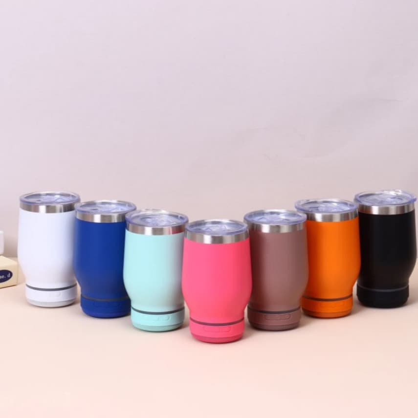 Copo térmico inox com tampa abridor e caixa de som com bluetooth Led 360ML