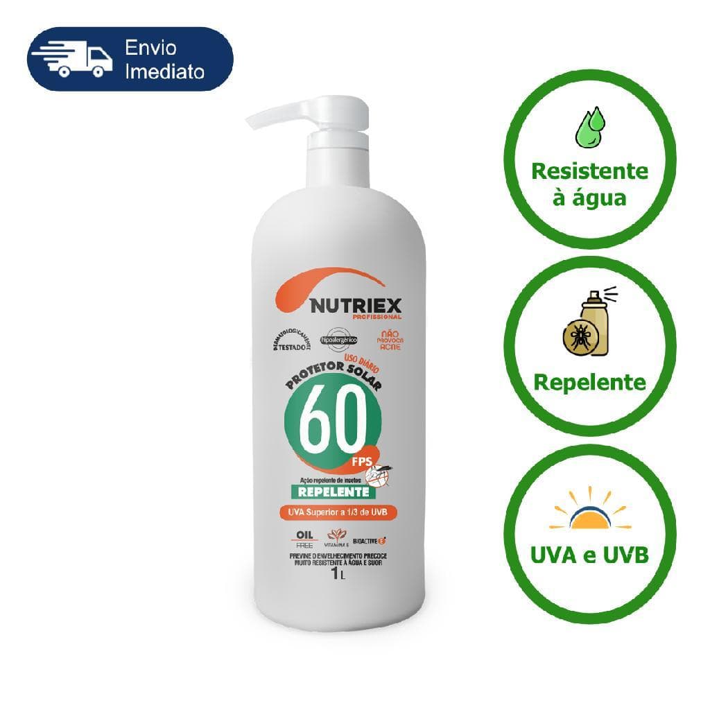 Protetor Solar Com Repelente FPS 60 Nutriex 1 Litro EPI Dengue Uso Profissional Tamanho Familia