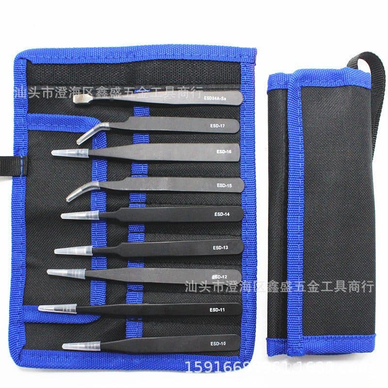 Pinça de aço inoxidável preta nº 15, conjunto de 9 peças em bolsa de lona, pontas pontiagudas e curvas, ferramentas manu