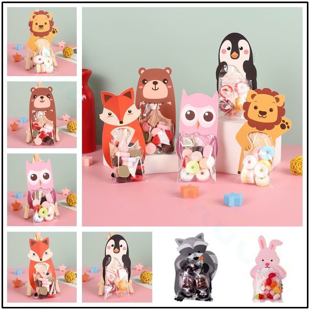 10 pçs dos desenhos animados Animal raposa leão saco de doces com cartão biscoito cozimento saco de embalagem do dia das