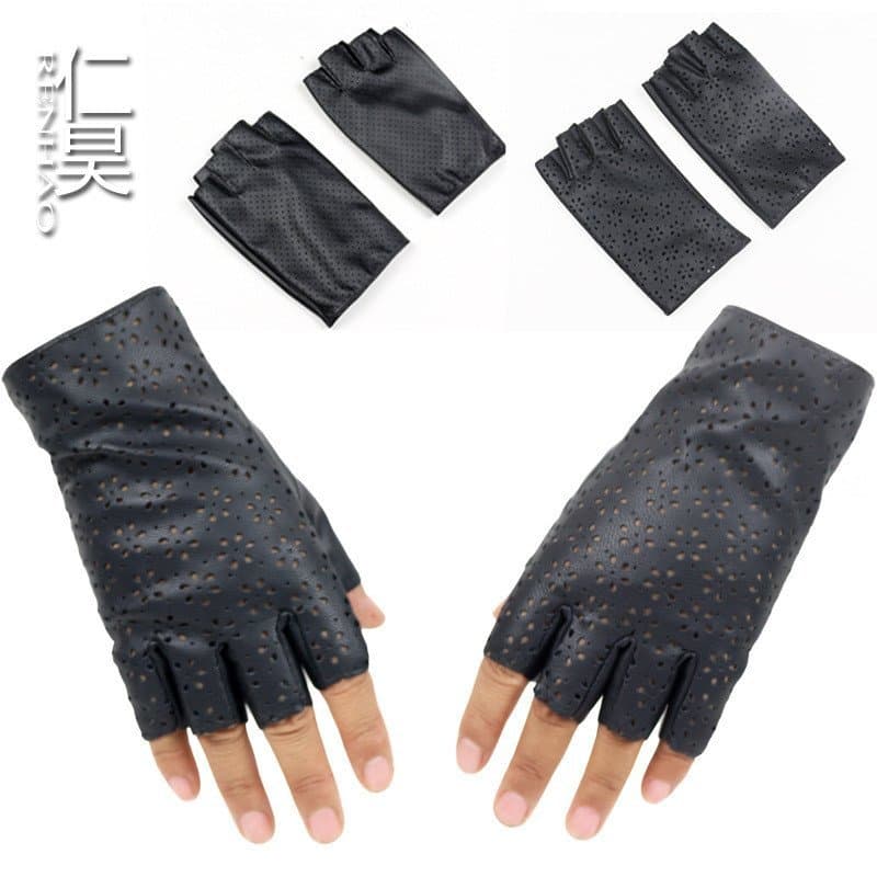 Luvas femininas de meio dedo para comércio exterior, em couro sintético, design perfurado, material fino de PU, adequada