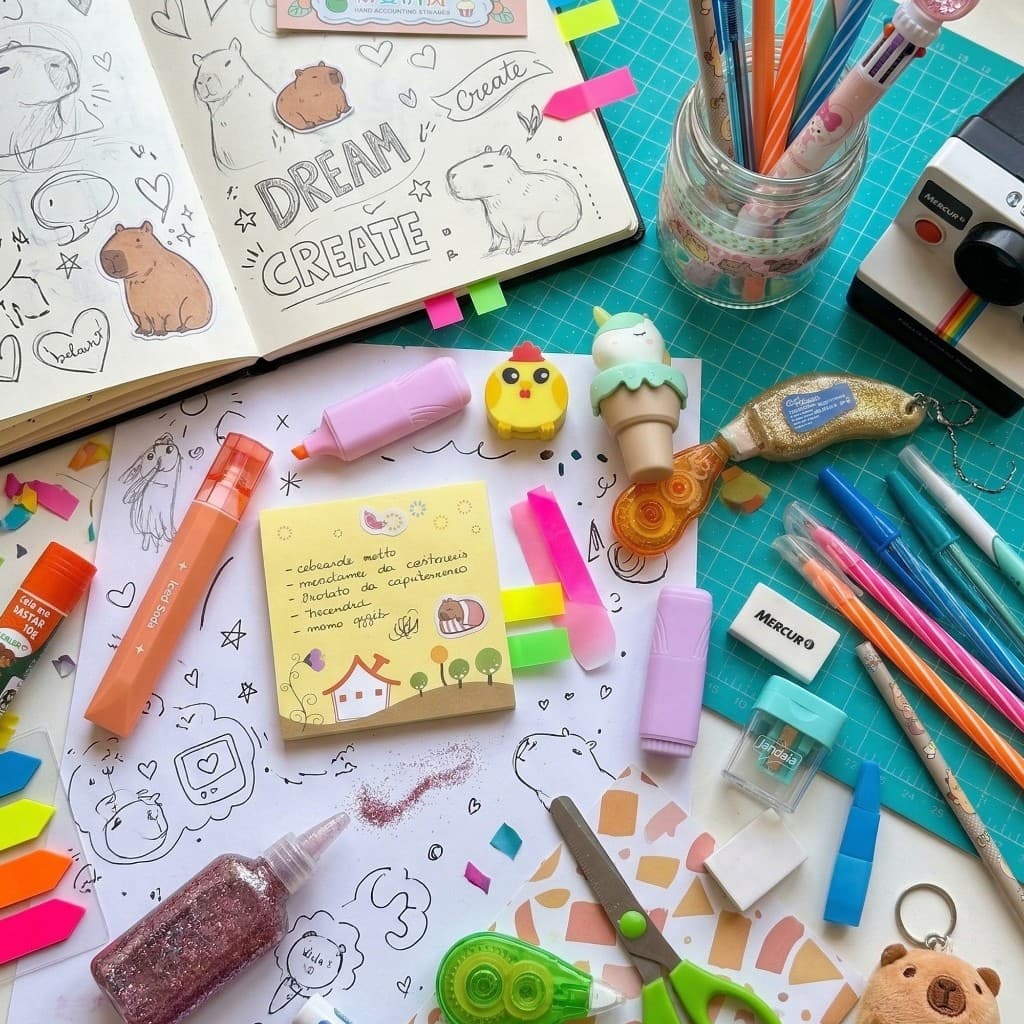 Kit Papelaria Kawaii Diversos itens Criativos Fofos Planner Marca-texto Washi Tape Caneta Adesivo