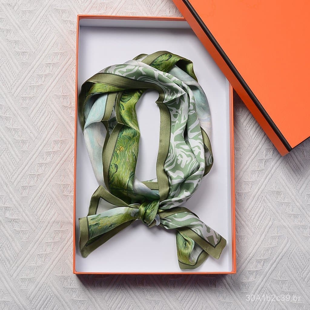 Lenço de seda 100% amoreira para outono e inverno, em verde com estampa de pintura a óleo, lenço de seda de dupla camada