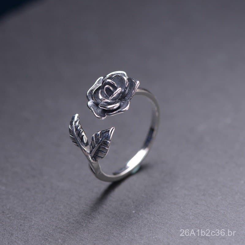 Anel Aberto de Prata S925 Golden Deer King com Pequena Flor Rosa, Estilo Vintage Artístico, Anel de Prata Tailandesa Fem