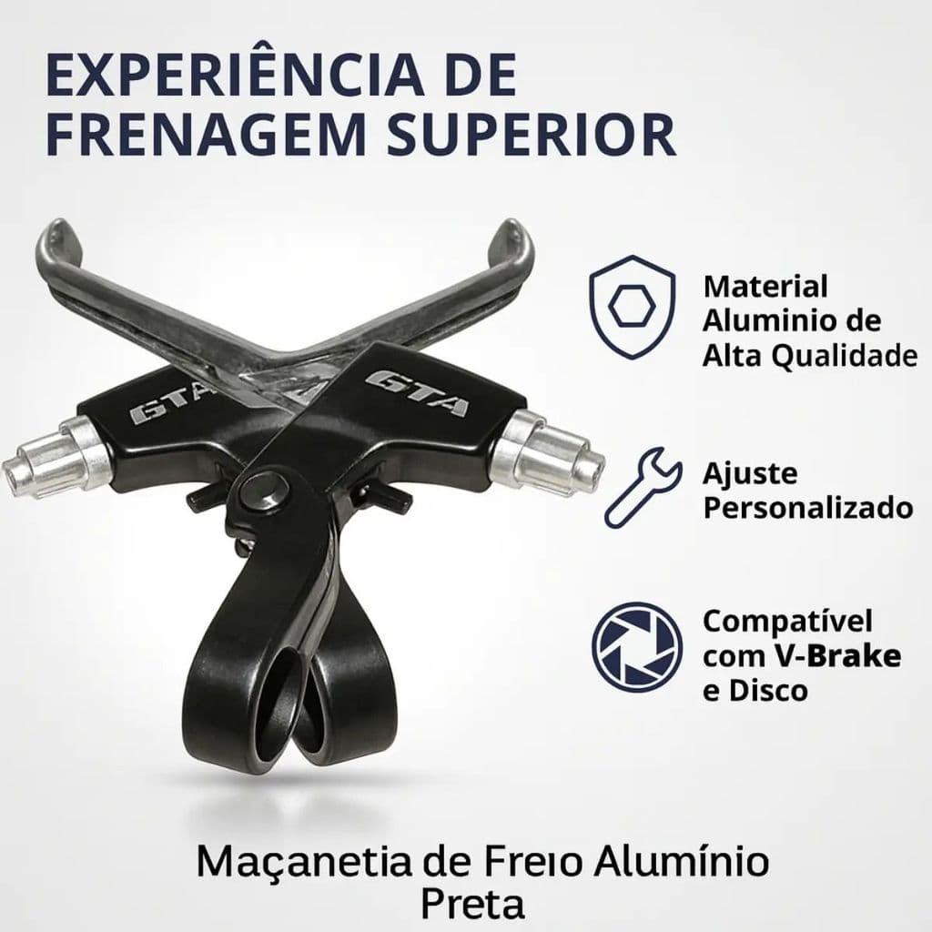 Par Maçaneta Manete Freio Bike GTA Alumínio MTB 3 Dedos Regulagem V-Brake Disco Mecânico Polido