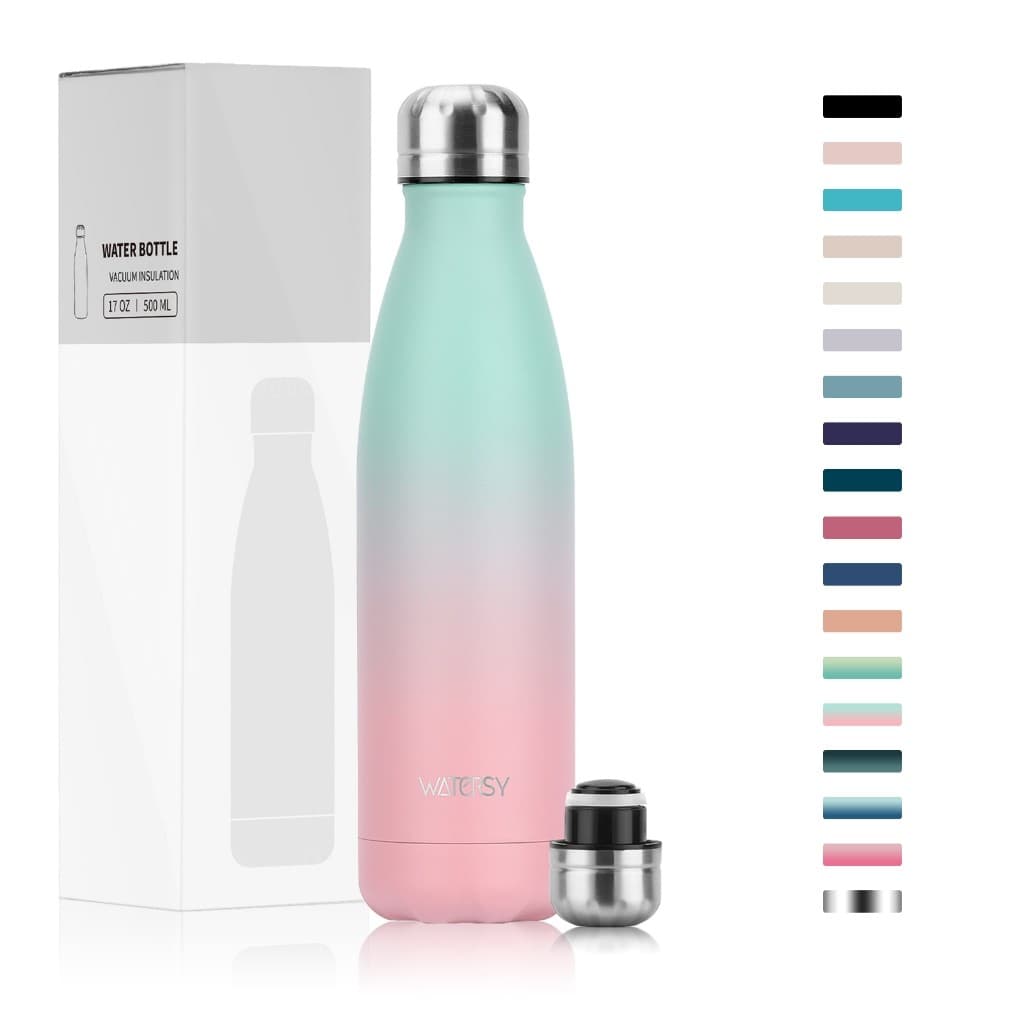 WATERSY Garrafa Térmica 500ml   Inox Parede Dupla, Mantém Calor Azul Claro e Rosa
