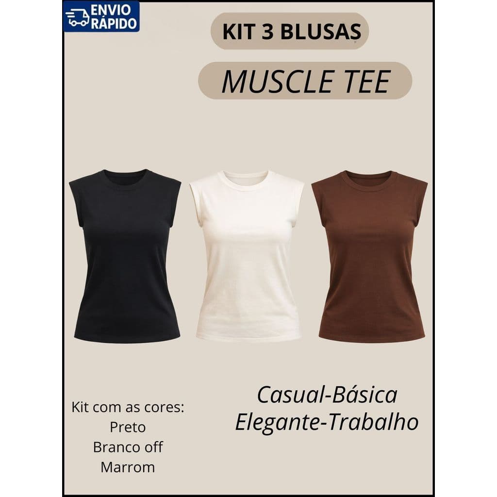 Kit 3 Muscle Tee Feminina Básica Lisa Confortável