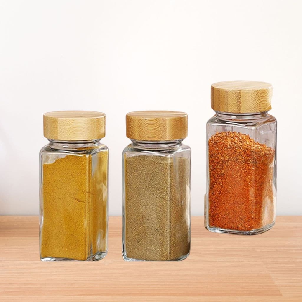 KIT 3 SALEIRO/PIMENTEIRO PORTA TEMPERO DE VIDRO C/TAMPA EM BAMBU 120ML