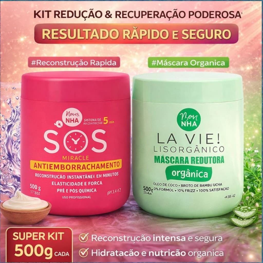 Kit 2 Reconstrução Capilar NHA – SOS Antiemborrachamento + Lisorgânico Orgânico – Força, Redução de Frizz e Alinhamento