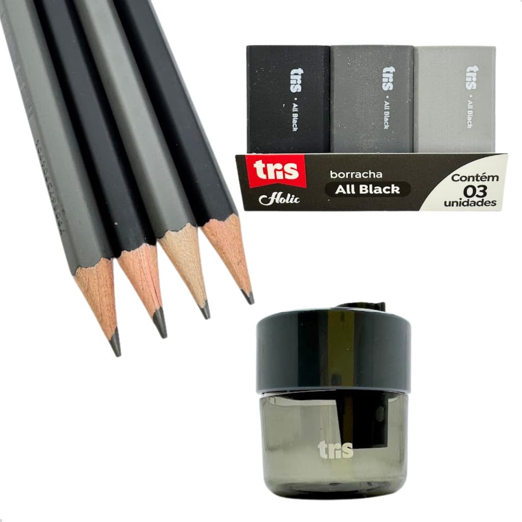Kit Borracha Apontador e Lápis All Black Holic Tris