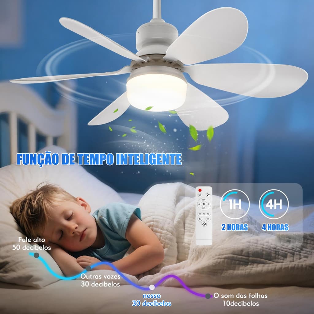 Luminária 80W 52CM Ventilador De Teto 6 Hélices Luz Ajustável Controle Remoto Silencioso E Econômico