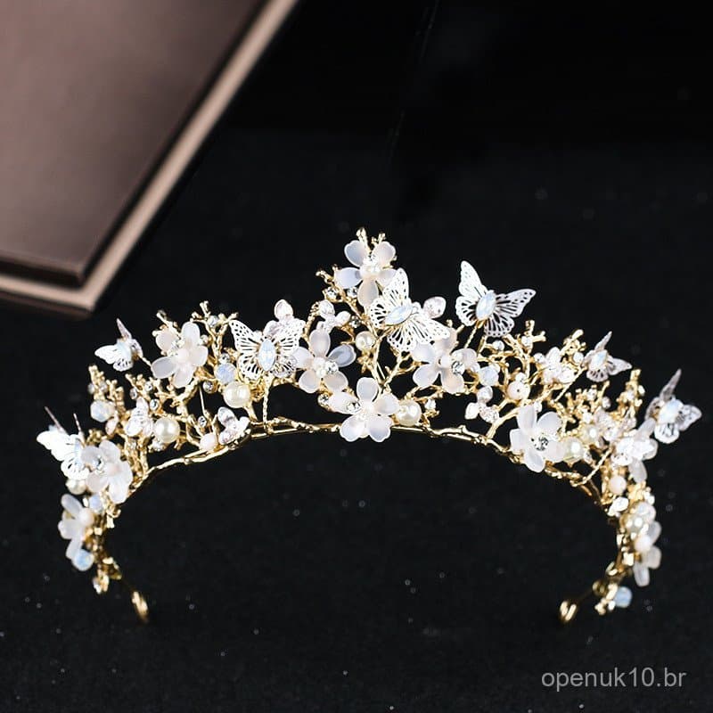 Coroa com Emblema, Tiara de Flor Borboleta, Tiara Coroa Barroca, Acessório Dourado para Vestido de Noiva, Coroa de Crist