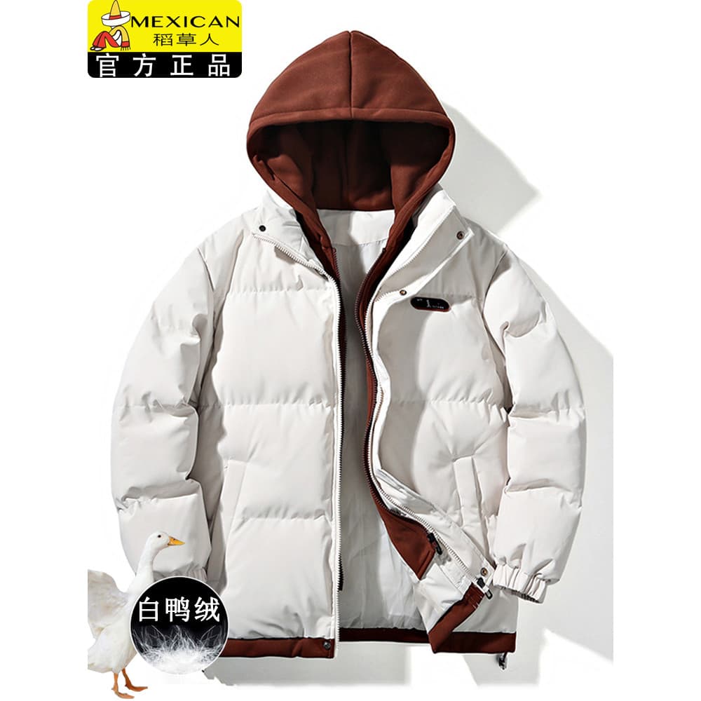 Inverno para baixo jaqueta masculina falso de duas peças com capuz jaqueta de pelúcia engrossado jaqueta quente curto pa