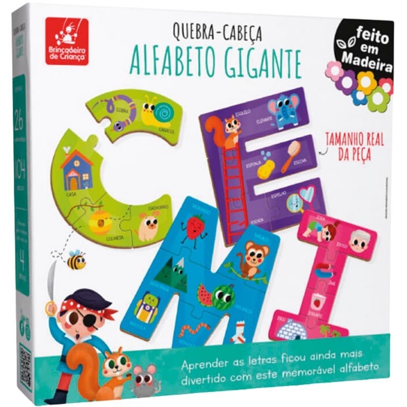Quebra Cabeça Alfabeto Gigante em Madeira Educativo Infantil 26 Letras Brinquedo Pedagógico ABC Montessori
