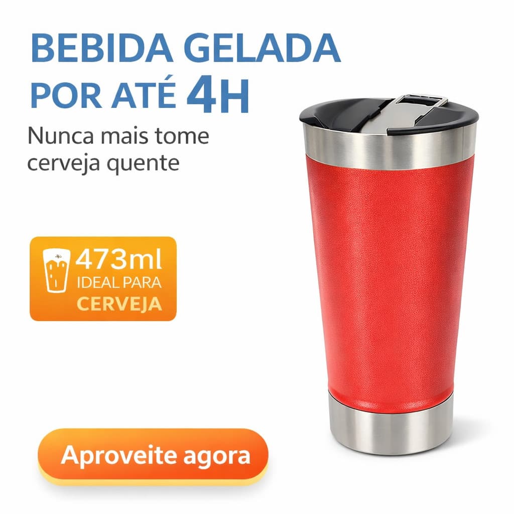 Copo Térmico 473ml Inox Para Cerveja Mantém Gelado 4h Com Abridor Integrado Vermelho