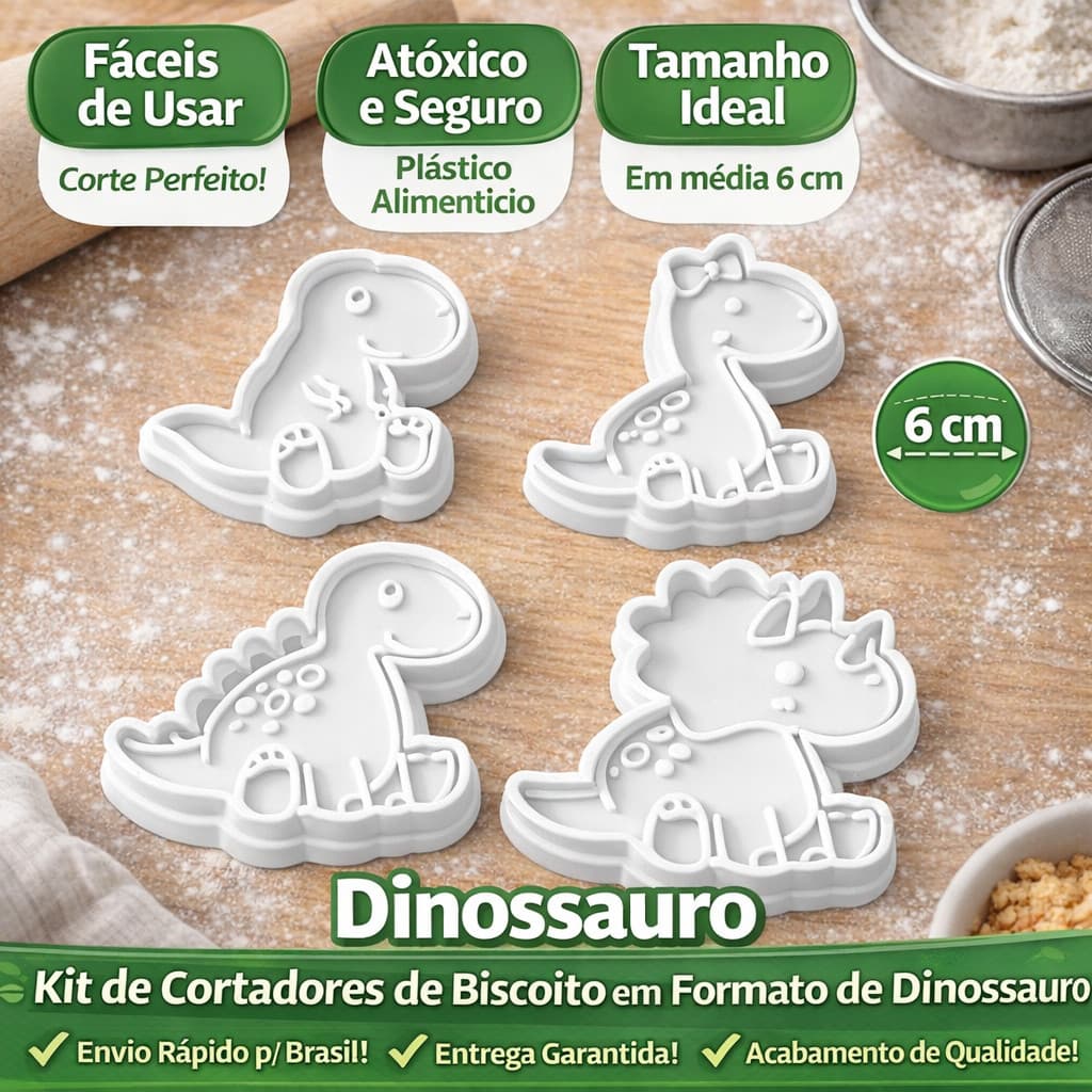 Cortadores de Biscoito Dinossauro – Kit Forminhas para Cookie, Pasta Americana e Massinha