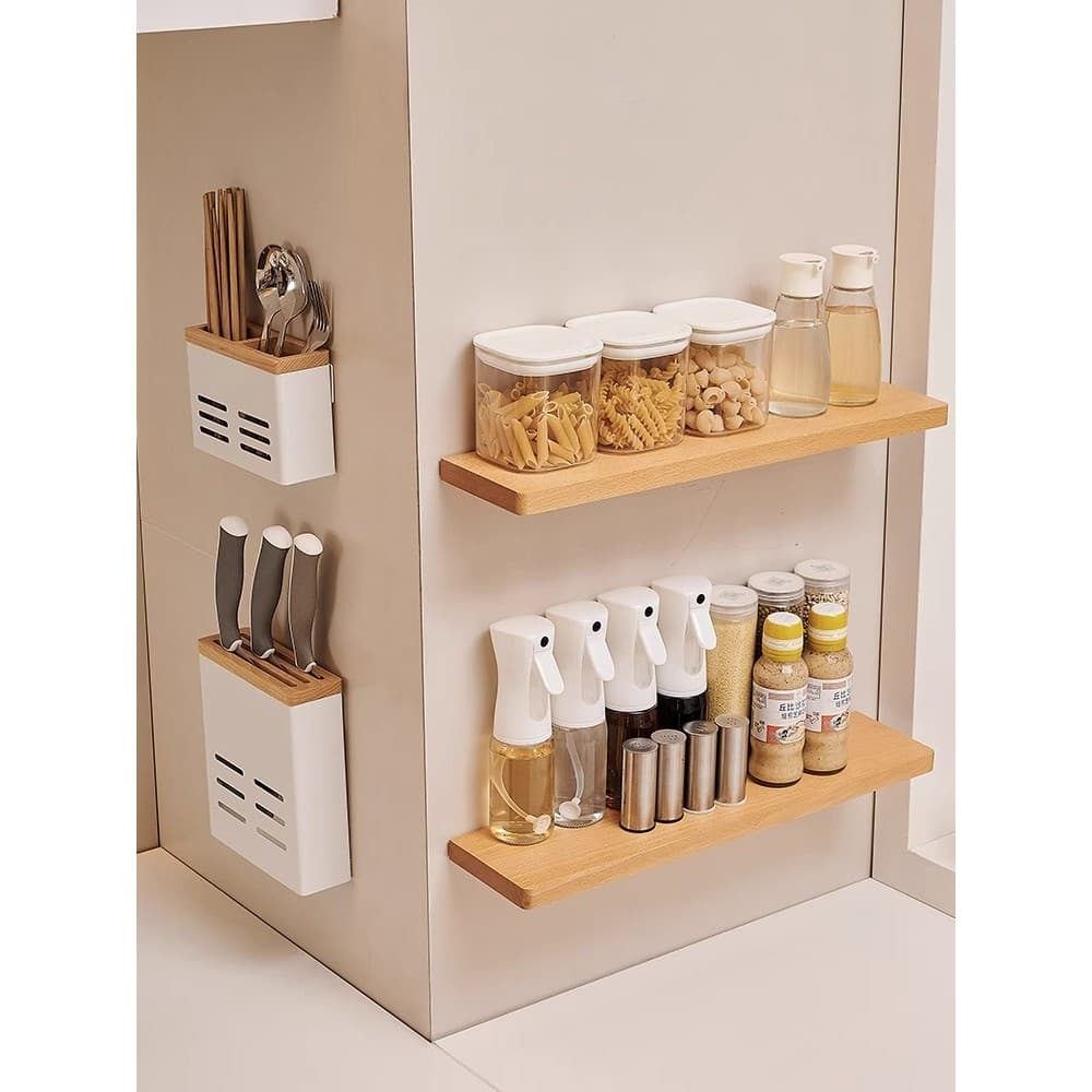 Prateleira de cozinha estilo creme, rack de temperos, montado na parede, sem perfuração, multicamadas, faca, tampa de po