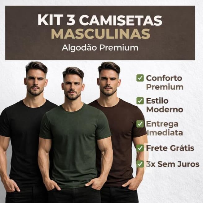 Kit 3 Camisetas Masculinas Básicas 100% Algodão Premium academia dia a dia