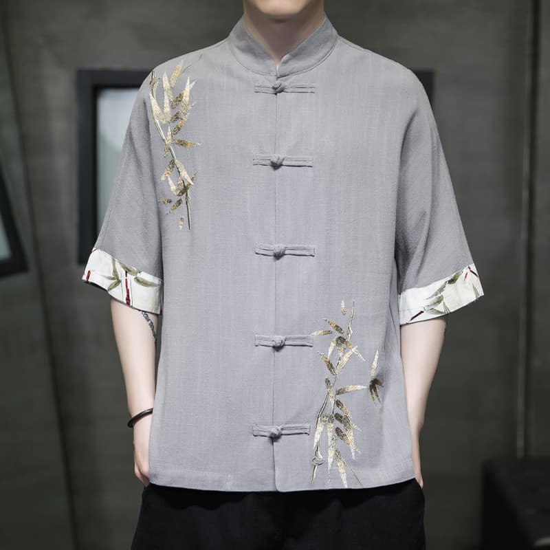 Bordado Tang terno masculino estilo chinês verão fino algodão linho camisa de manga curta Retro solto Hanfu tamanho gran