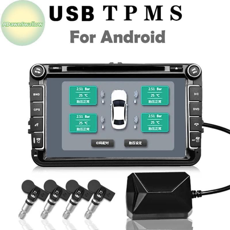 ADS USB Android TPMS Sistema De Monitoramento De Pressão Dos Pneus Display Alarme Interno Externo 4 Sensores Para Rádio