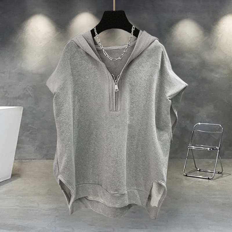 Cor sólida zíper com capuz sem mangas camiseta masculina verão ins versão coreana na moda All-Match bonito Casual solto