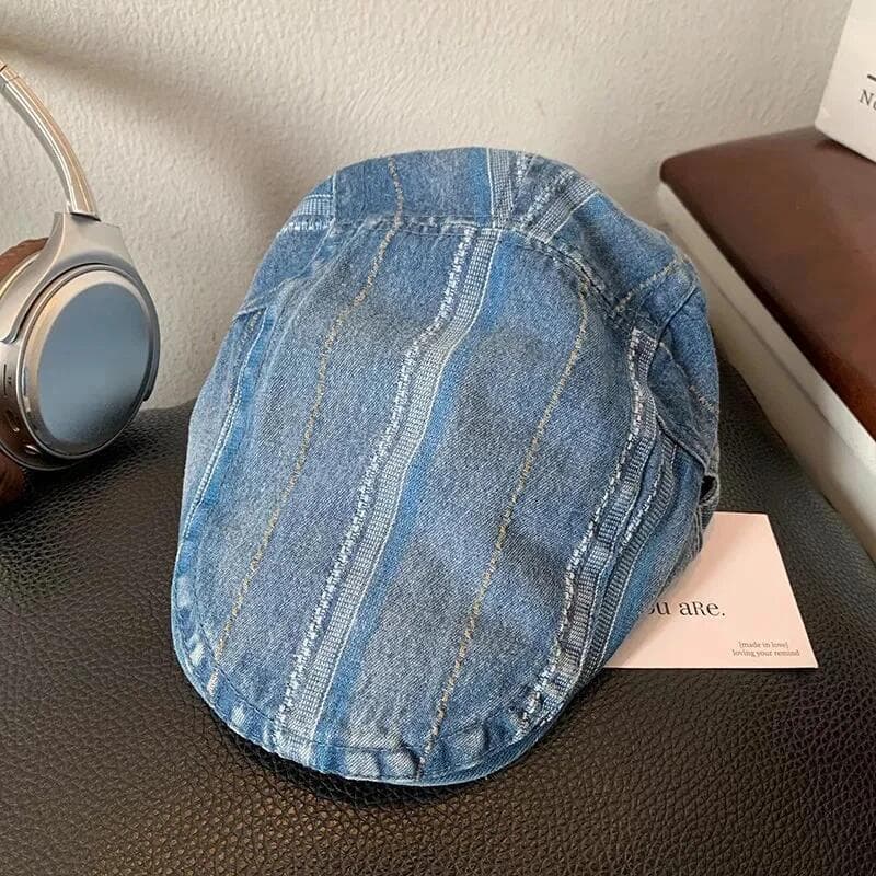Boné de Cowboy Primavera Verão, Boné Retrô de Denim Listrado, Boné Casual Feminino com Aba Curta, Boné Newsboy.