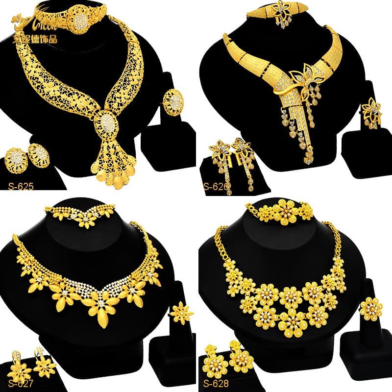 Noiva Estilo Étnico Conjunto De Jóias Com Banho De Ouro E Diamante Flor Exagerada Colar Longo Pulseira De Anel Quatro Br