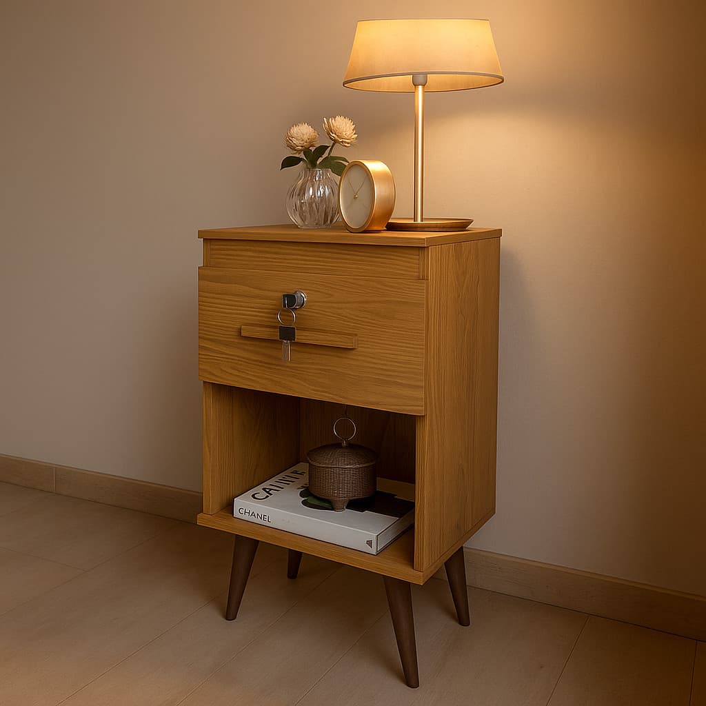 Mesa De Cabeceira para Quarto 1 Gaveta com Chave e Nicho Retrô - Cor Canelato