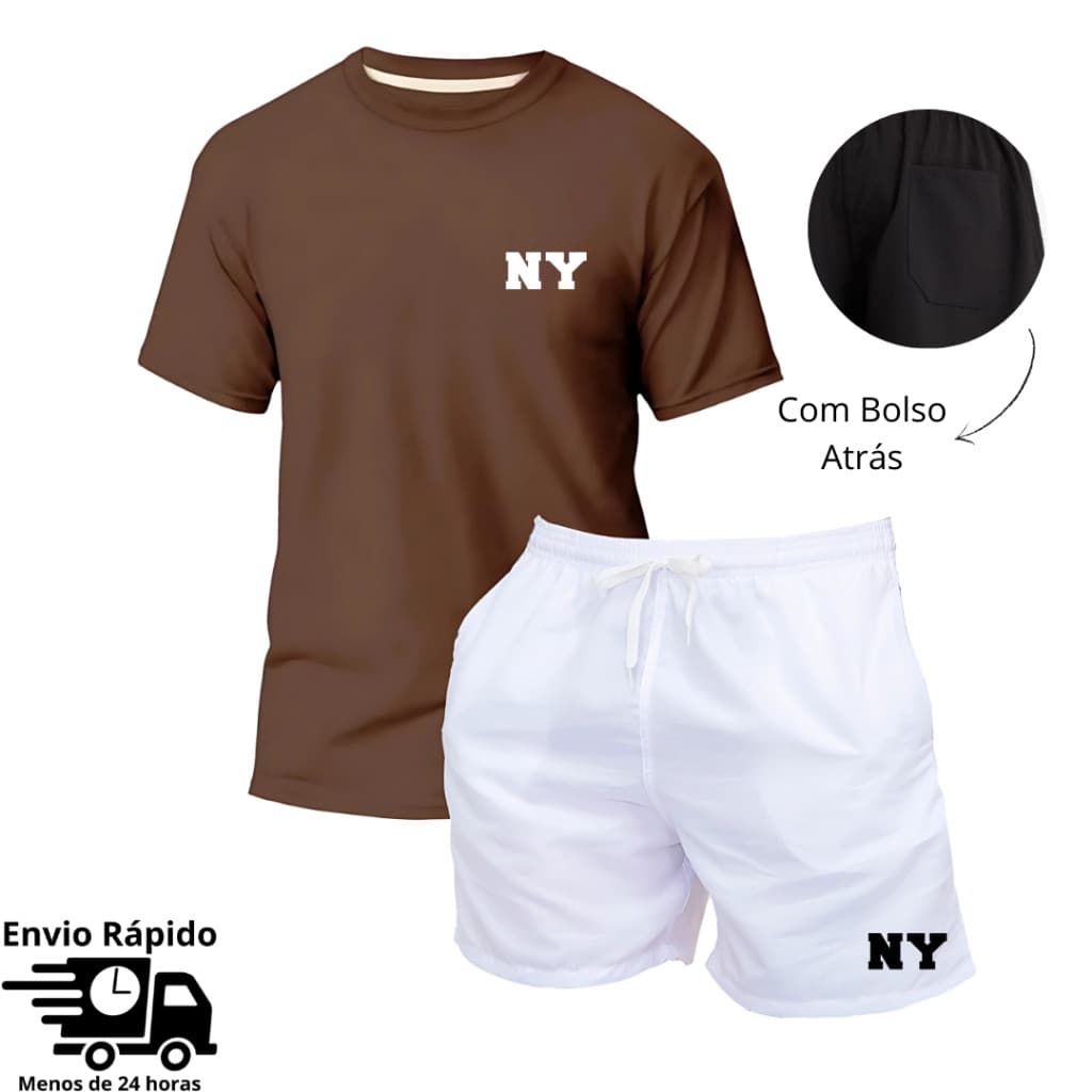 KIT Conjunto Camiseta Masculina + Bermuda Tactel New York Estilo Praia Mauricinho Moda Casual Academia