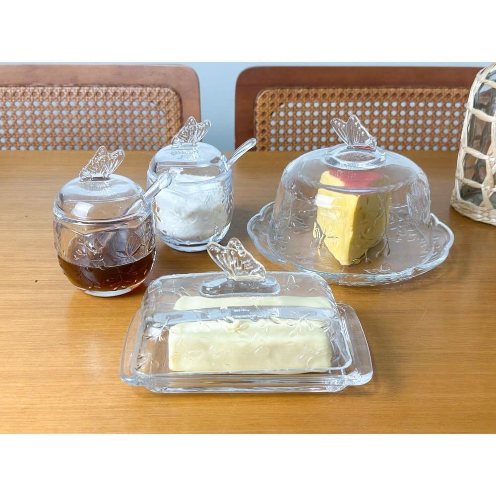 Kit Butterfly LYOR 4 Peças – Mesa Posta Elegante Açucareiro | Meleira | Manteigueira | Queijeira
