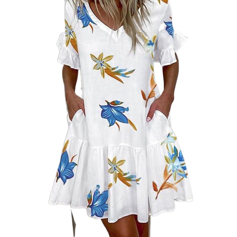 Vestido Feminino Estampado Com Bolso , Minivestido De Verão Decote Em V E * * -