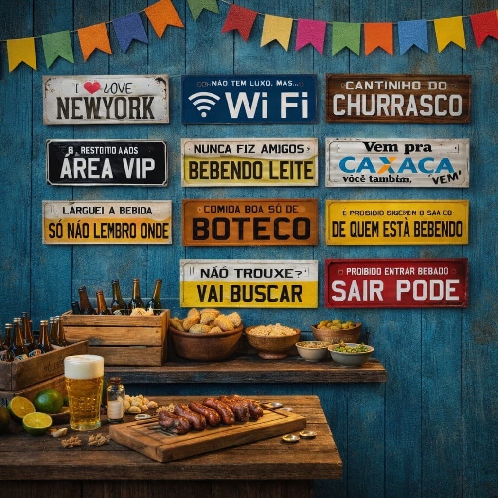Placa Decocotativa de Parede divertida formato placa auto em MDF 40x13cm Frase para cantinho do churrasco