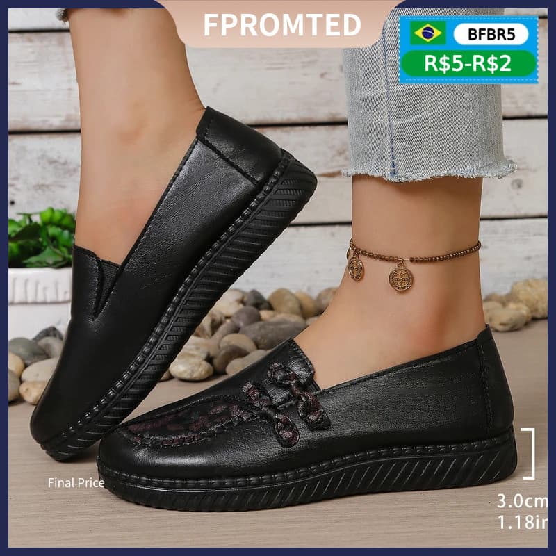 Sapatos Femininos Casuais Da Mãe Sapatilhas De Couro Estilo Mocassins Elegantes E Confortáveis Para A