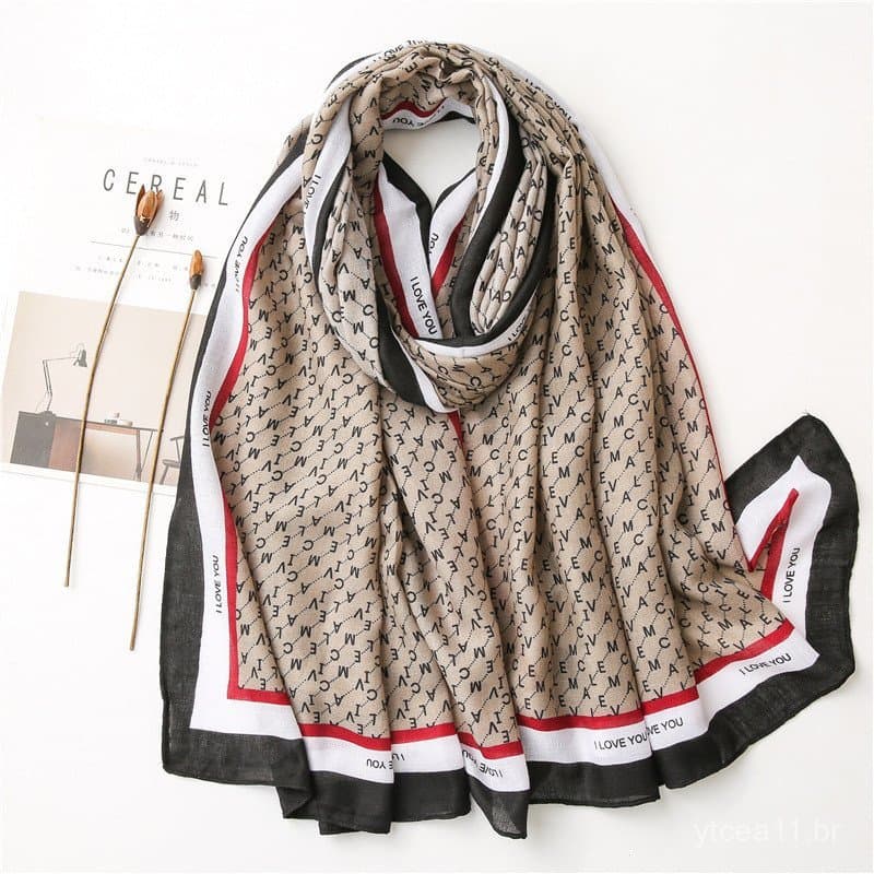 Lenço de seda coreano feminino, versátil para primavera e outono, estilo fino, xale estampado com letras moderno para o
