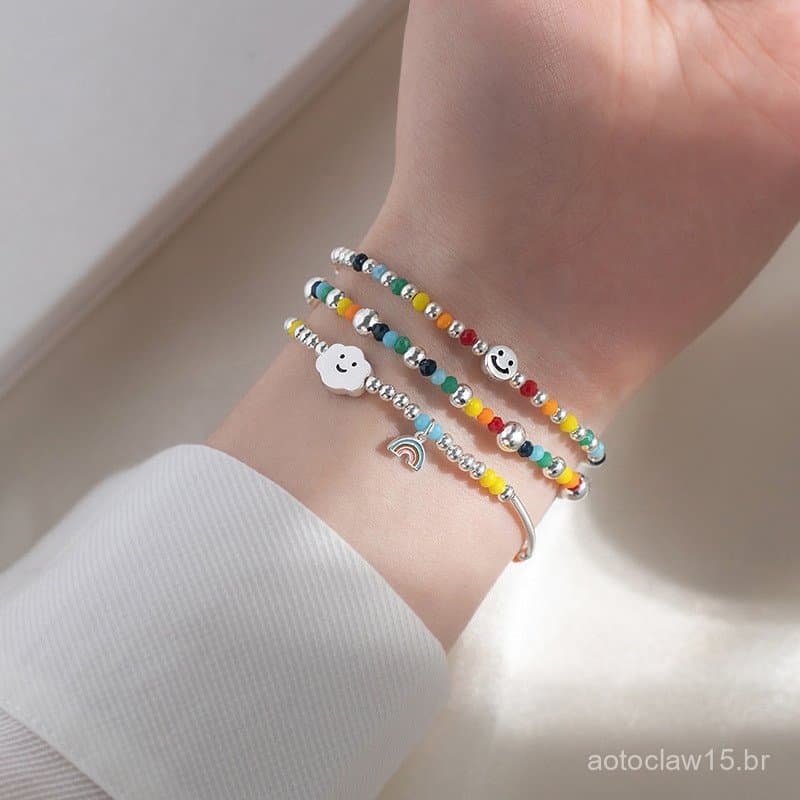 Pulseira de contas arco-íris com rosto sorridente, banhada a prata 925, para meninas, design de nicho, pulseira de amiza
