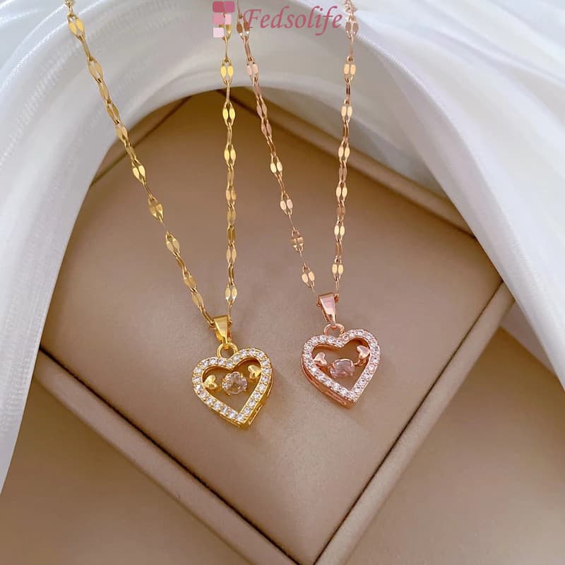 [Colar Fedsolife] Aço de titânio banhado a ouro, diamante rotativo banhado a ouro rosado, colar feminino requintado.